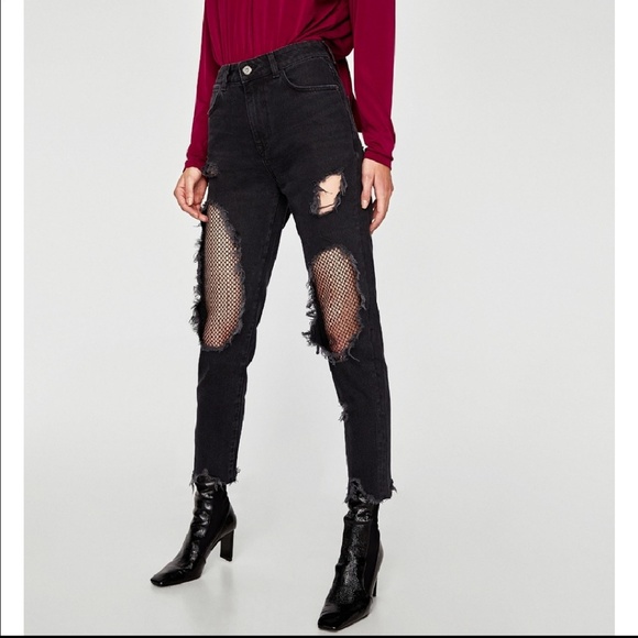Zara Denim - Zara High Waisted Fishnet Fryed Hem Mom Jeans